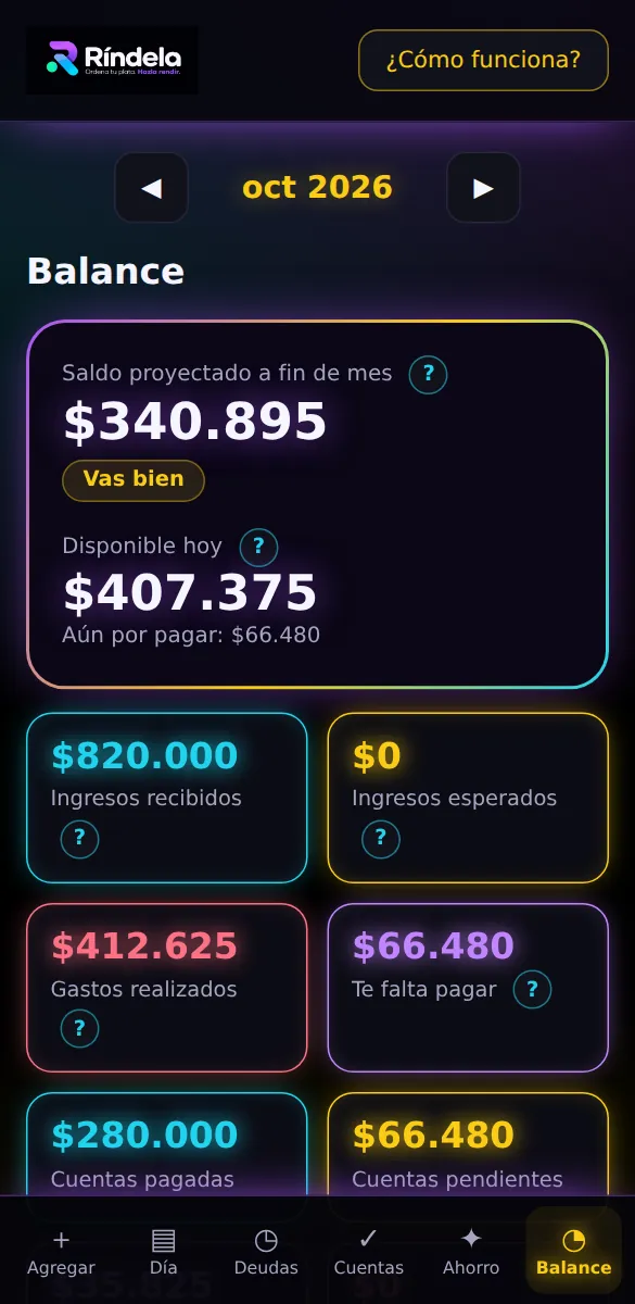 Pantalla de balance de Ríndela