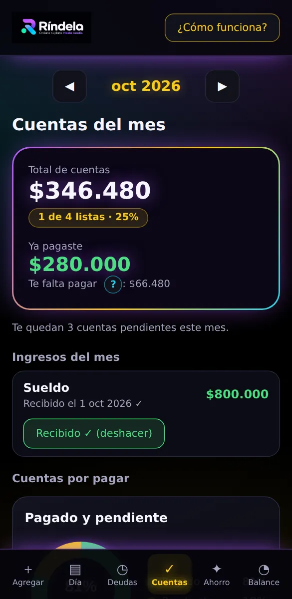 Pantalla de cuentas del mes