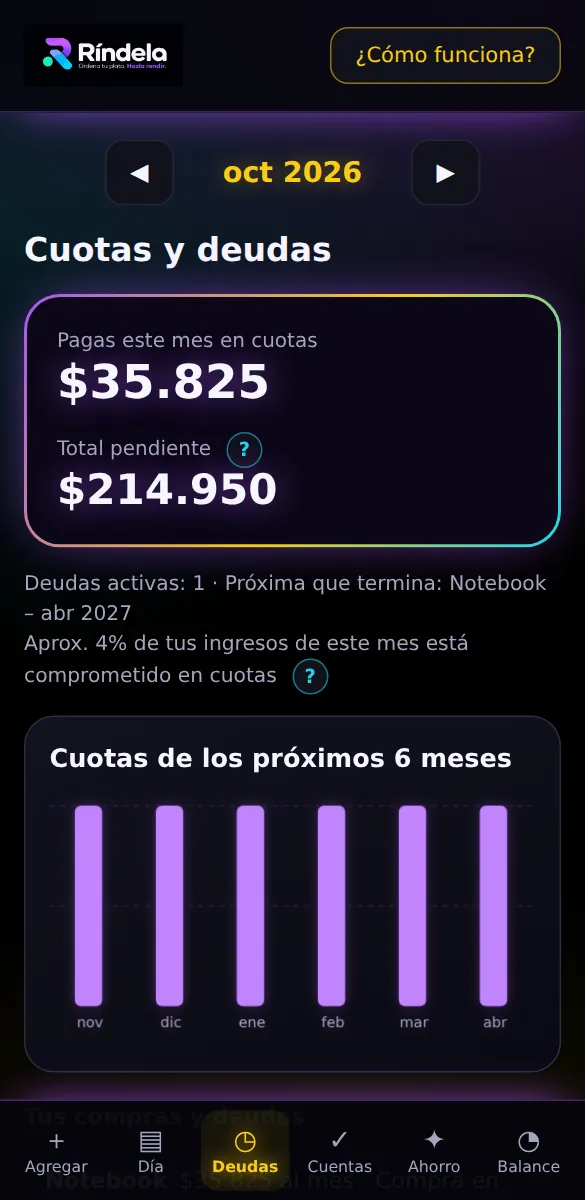 Pantalla de cuotas y deudas